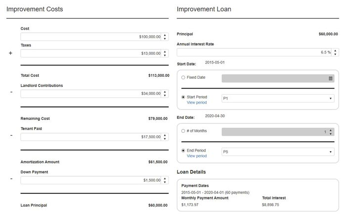 Improvement costs and improvements loans, as displayed in commercial property management software.